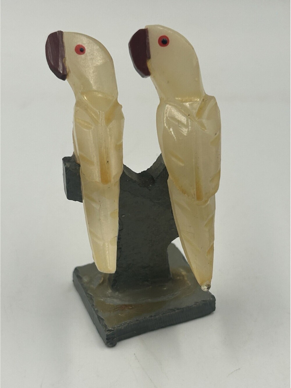 Vintage Carved Stone Parrot Bird Figurine Pair on Tree Stand 3” Hand Carved